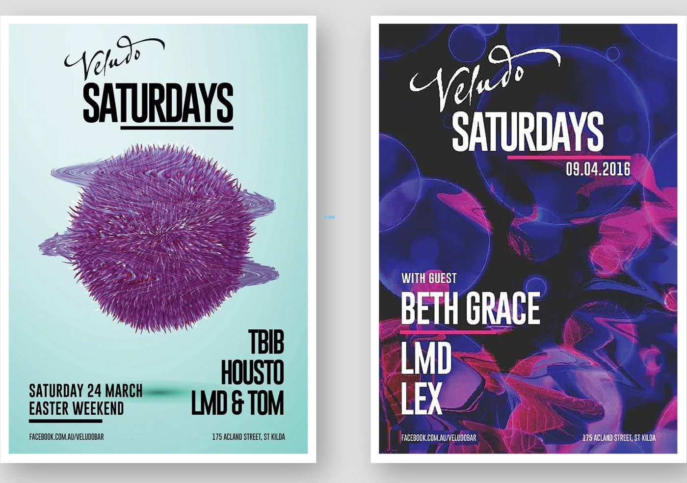 Veludo Saturdays gig flyers, Easter weekend and guest lineup