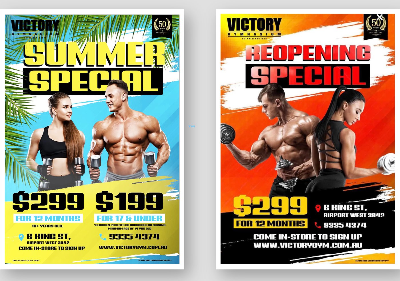 Victory Gymnasium Summer Special and Reopening Special flyers