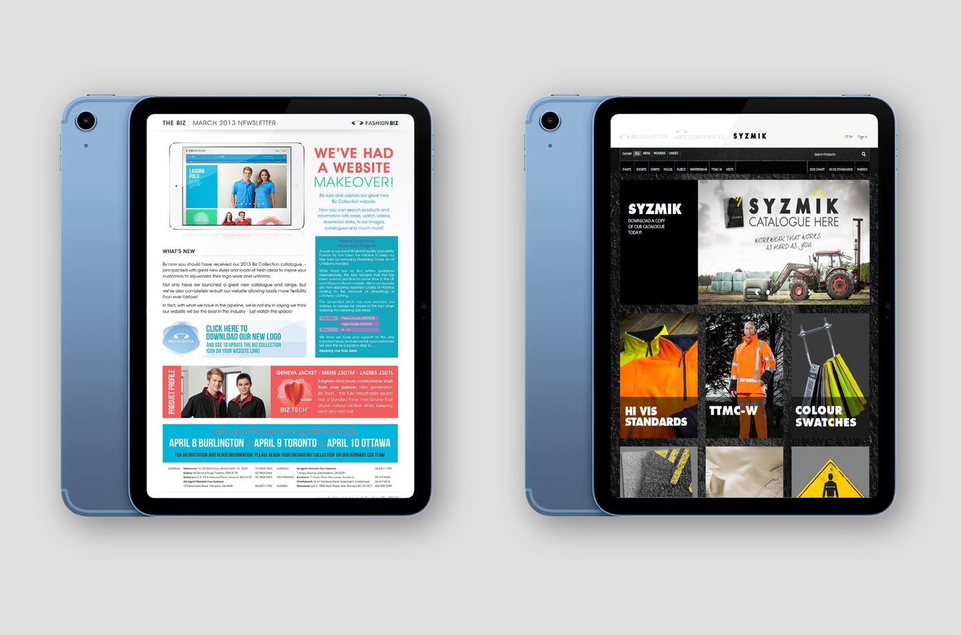 Fashion Biz newsletter and Syzmik website, iPad mockups