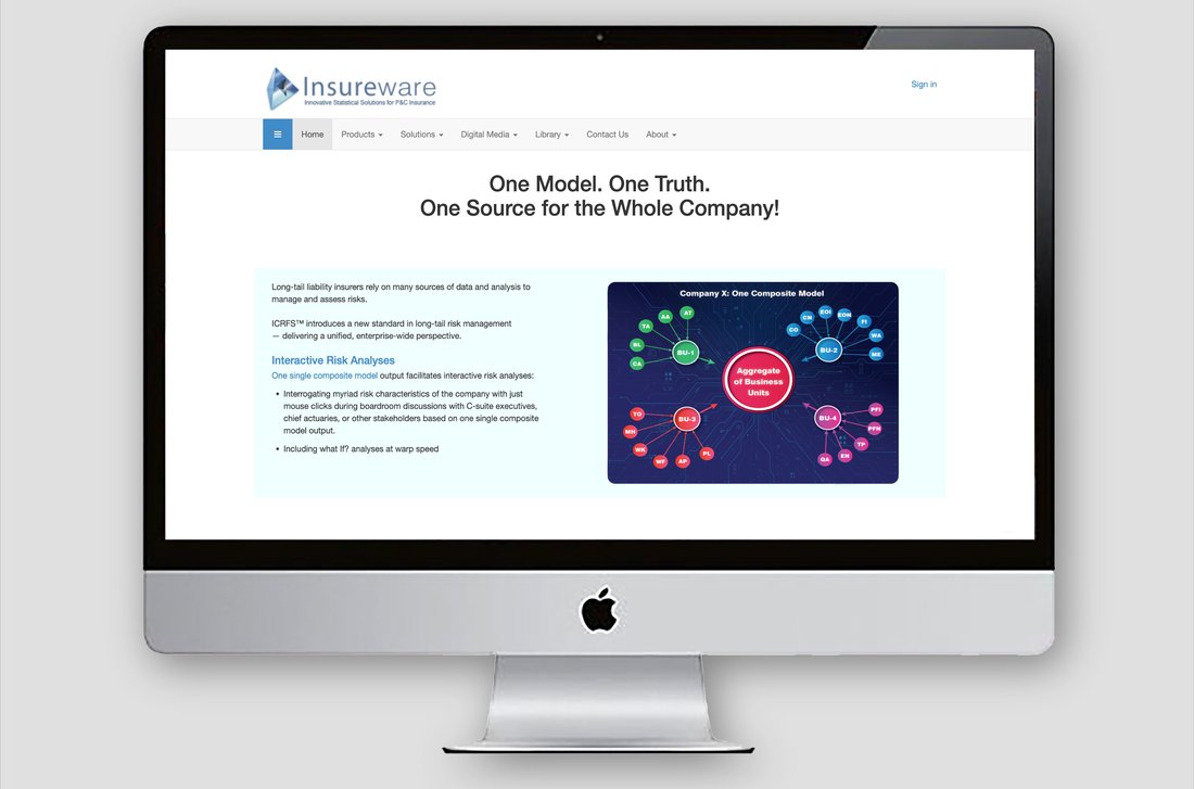 Insureware corporate website homepage, iMac mockup